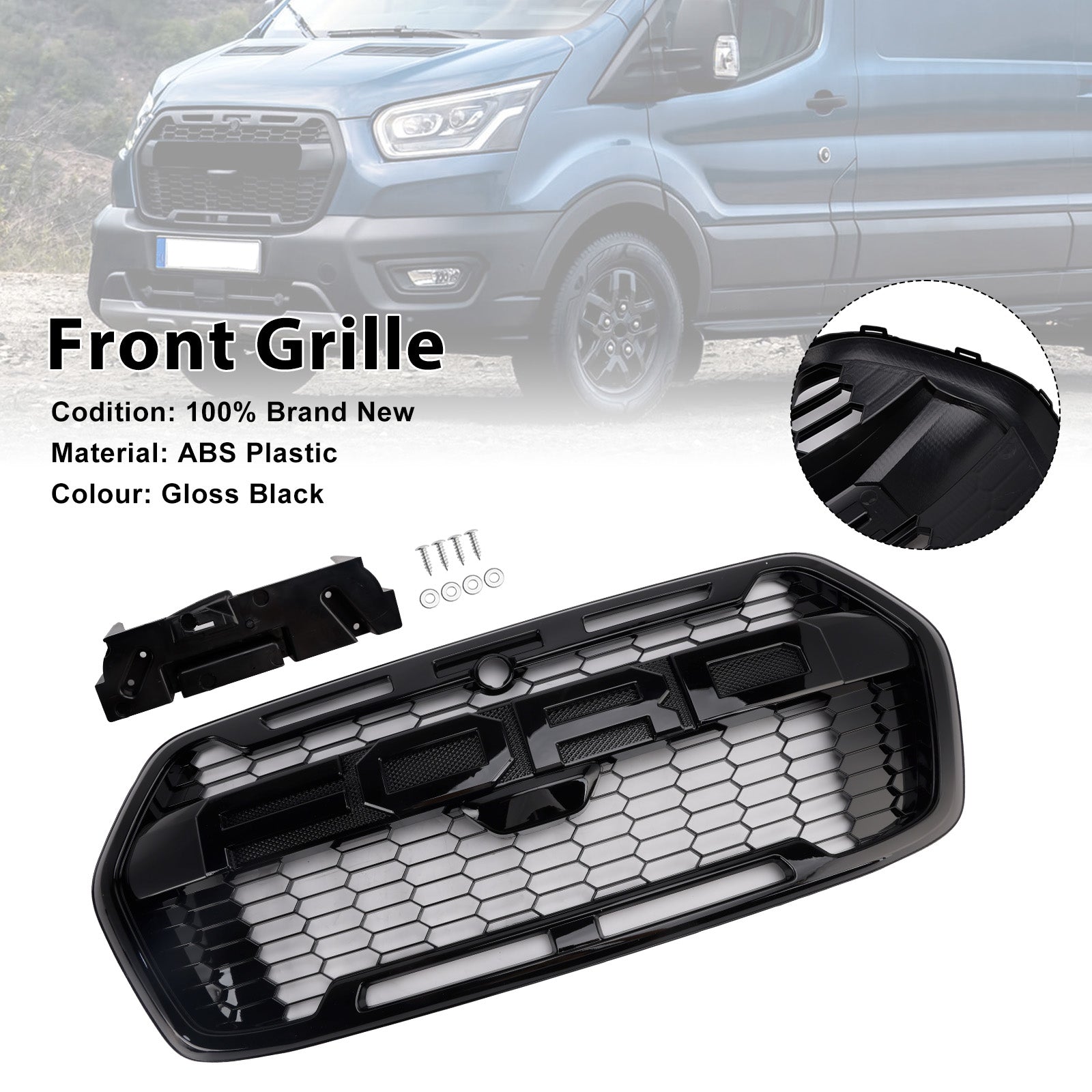 Raptor Grille | Ford Transit Mk8 | 2020-2025 | Mate/negro brillo | Grill de panal del parachoques delantero con letra
