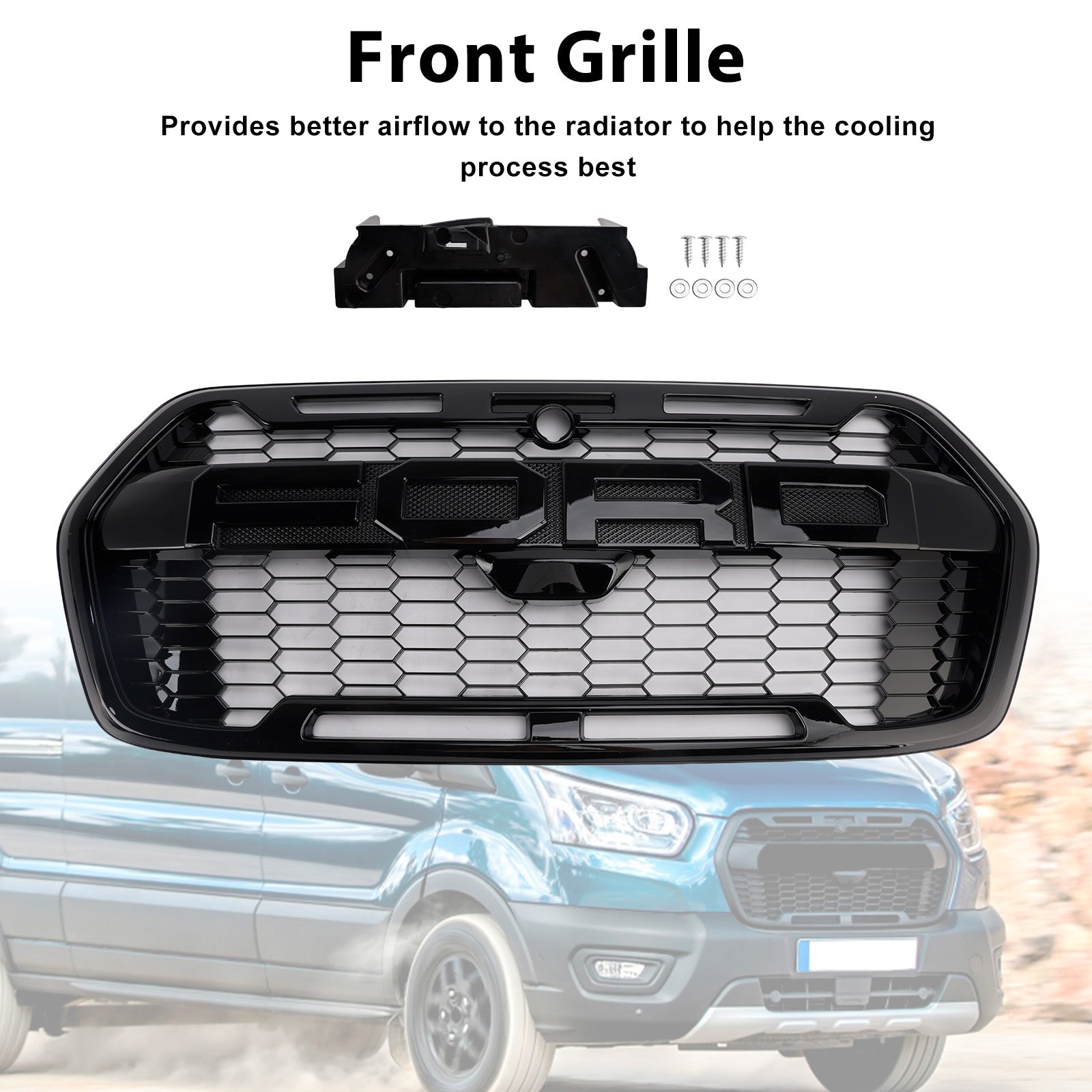 Raptor Grille | Ford Transit Mk8 | 2020-2025 | Mate/negro brillo | Grill de panal del parachoques delantero con letra