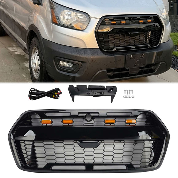 2019-2026 Ford Transit MK8 Raptor Style Grille Glanzend zwarte voorbumper vervangende grill met LED-licht