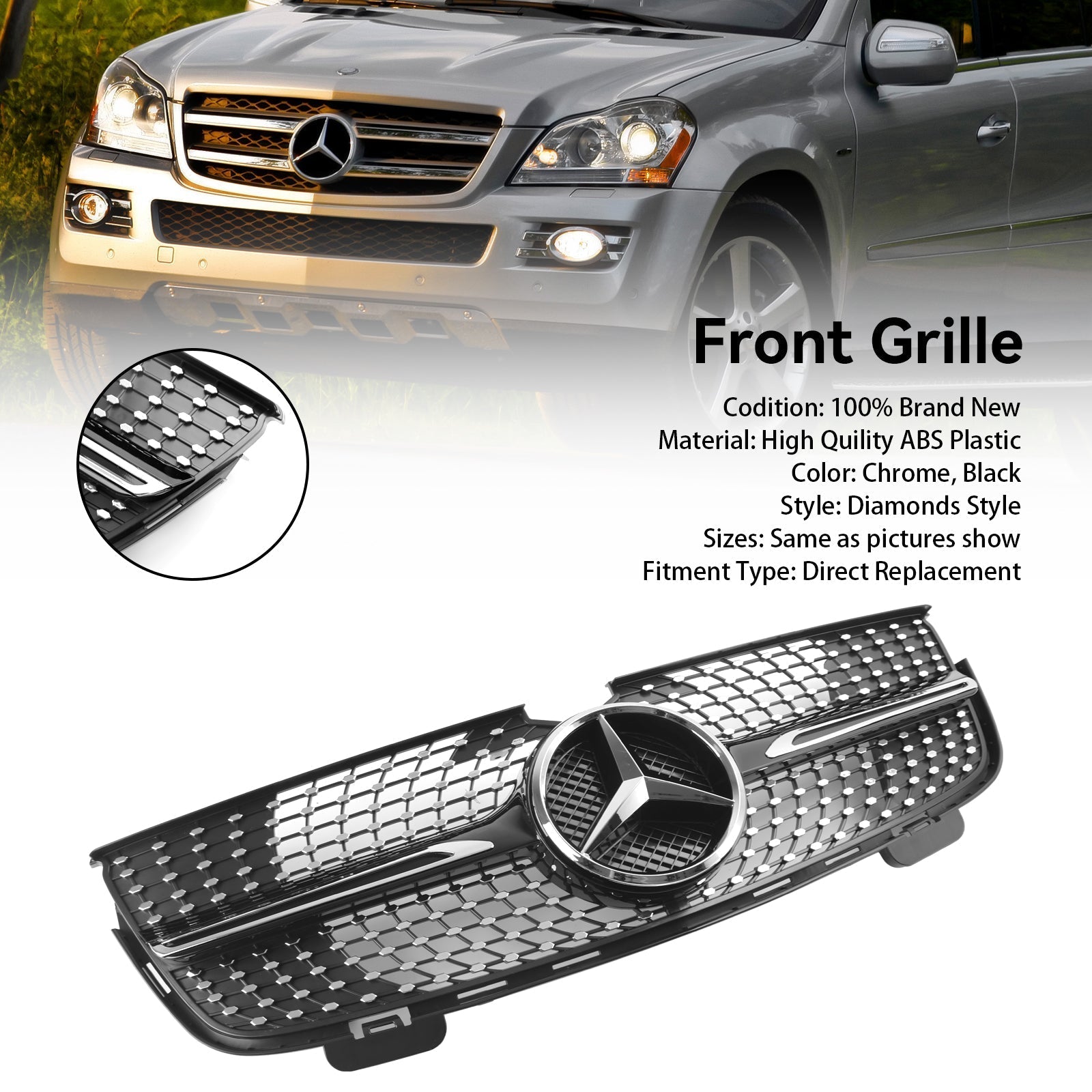 Parrilla delantera con diamantes cromados para Mercedes Benz Clase GL X164 GL350 2007-2009