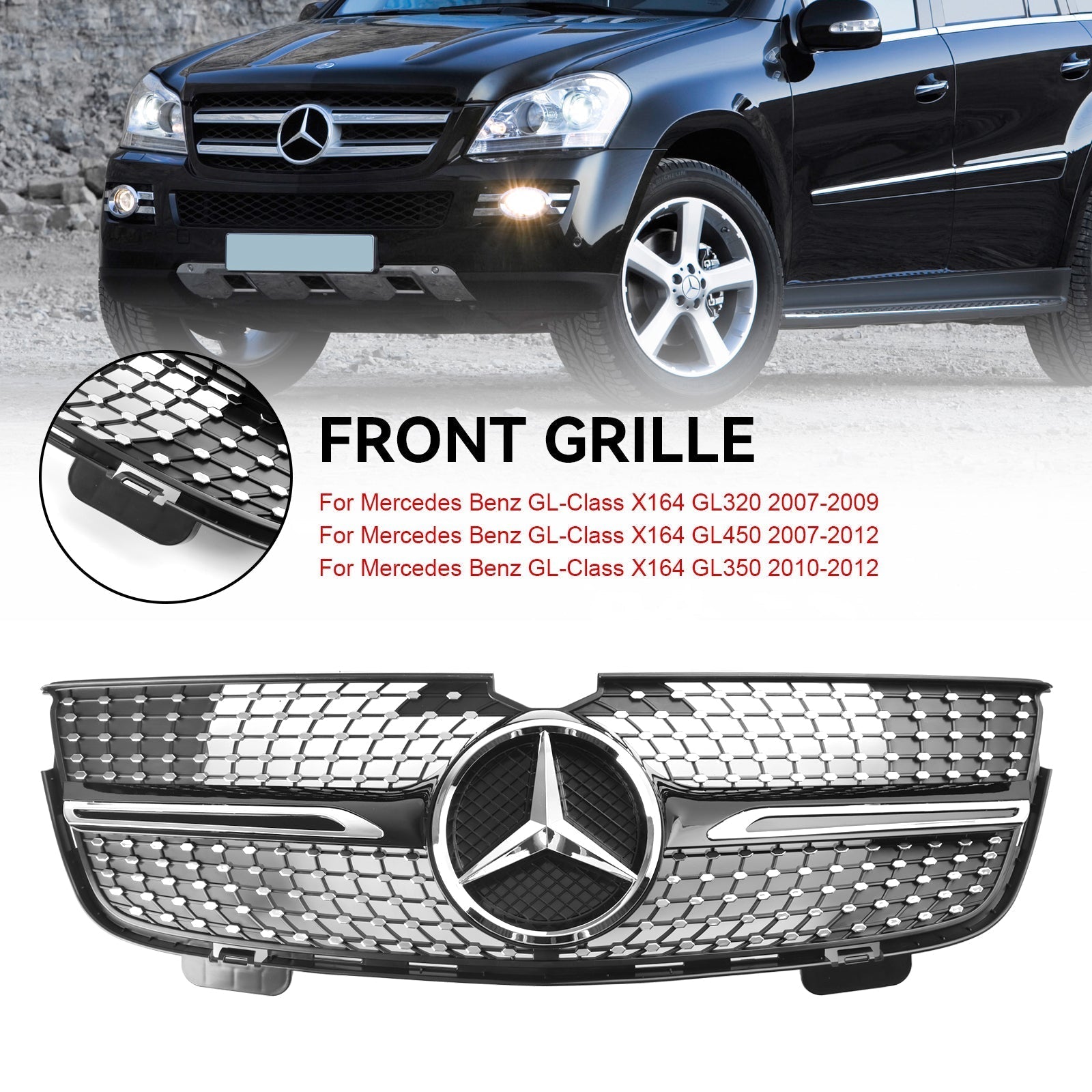 Parrilla delantera con diamantes cromados para Mercedes Benz Clase GL X164 GL350 2007-2009