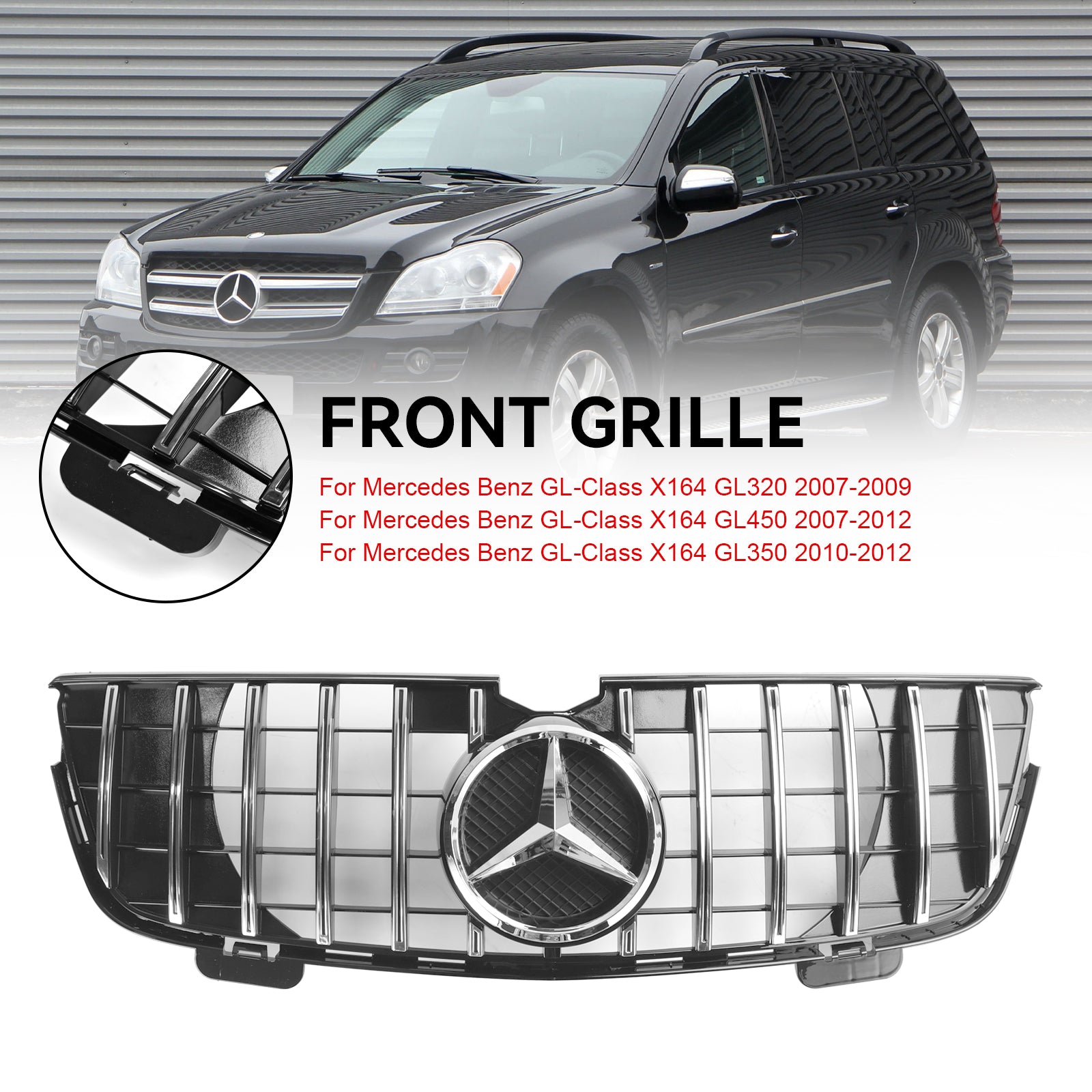 Parrilla delantera cromada negra para parachoques de Mercedes Benz Clase GL X164 GL350 2007-2009 estilo GTR