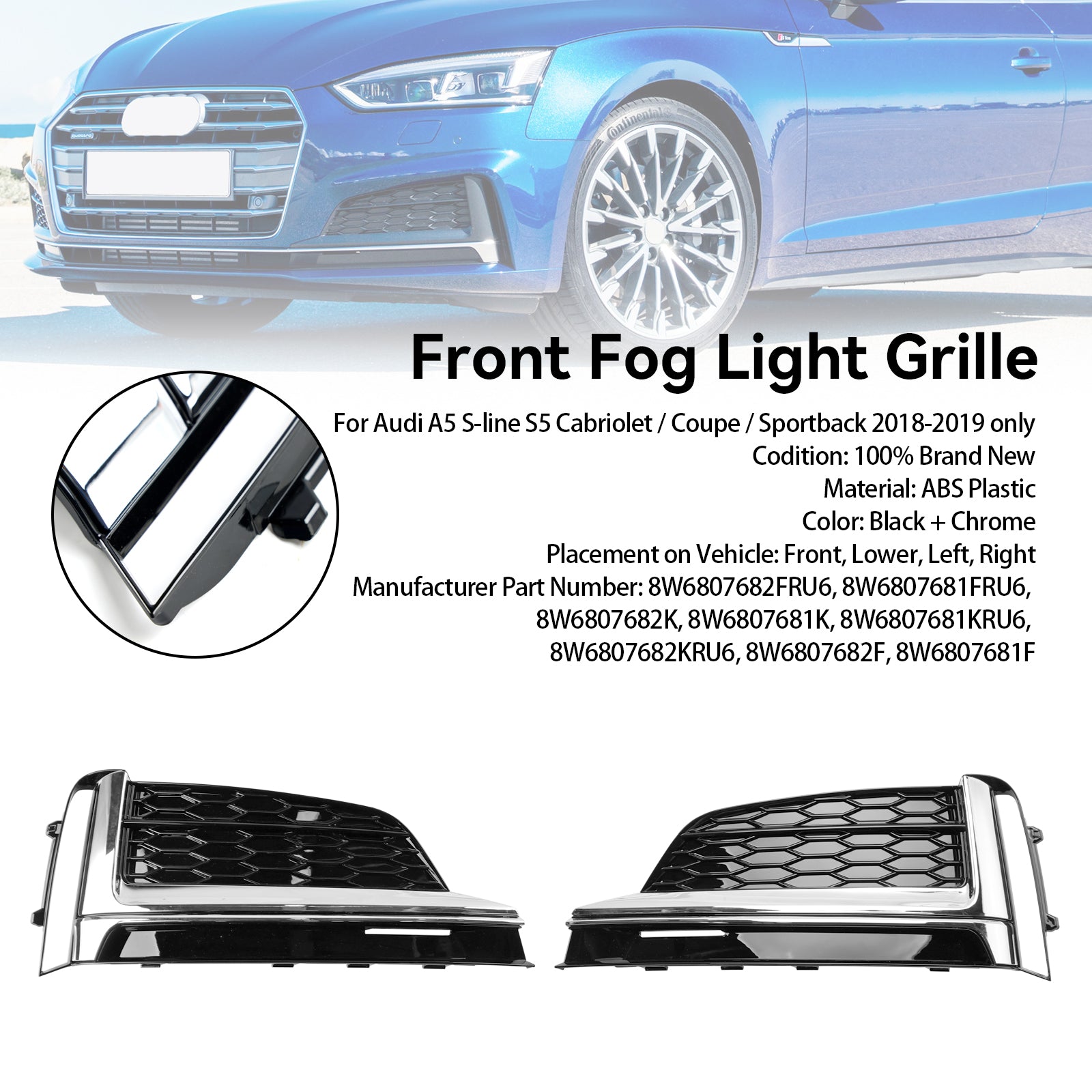 2 piezas de cubierta de rejilla de luz antiniebla para parachoques delantero Audi A5 S-Line S5 Cabriolet/Coupe/Sportback 2018-2019