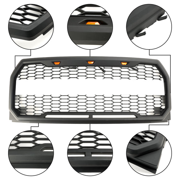 Parrilla Raptor | 2015-2017 | Ford F150 | Negro/Gris | Parrilla de panal de parachoques delantero con LED