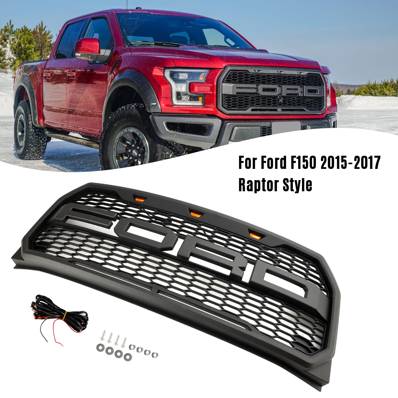 Raptor Grille | 2015-2017 | Ford F150 | Negro/gris | Grill de panal del parachoques delantero con LED