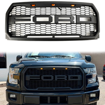 Raptor-stijl grille voor Ford F150 2015-2017, vervangende zwarte grille met LED-verlichting voor de voorbumper. & Brief