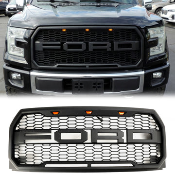 Raptor-stijl grille voor Ford F150 2015-2017, vervangende zwarte grille met LED-verlichting voor de voorbumper. & Brief - 0