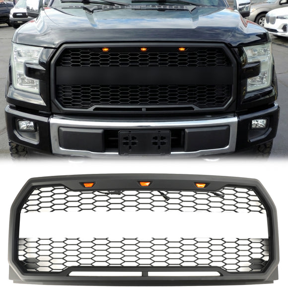 Parrilla Raptor | 2015-2017 | Ford F150 | Negro/Gris | Parrilla de panal de parachoques delantero con LED