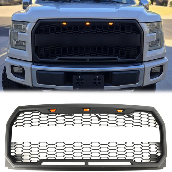 Parrilla Raptor | 2015-2017 | Ford F150 | Negro/Gris | Parrilla de panal de parachoques delantero con LED