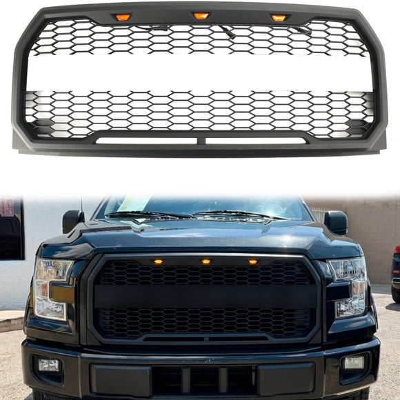 Parrilla Raptor | 2015-2017 | Ford F150 | Negro/Gris | Parrilla de panal de parachoques delantero con LED