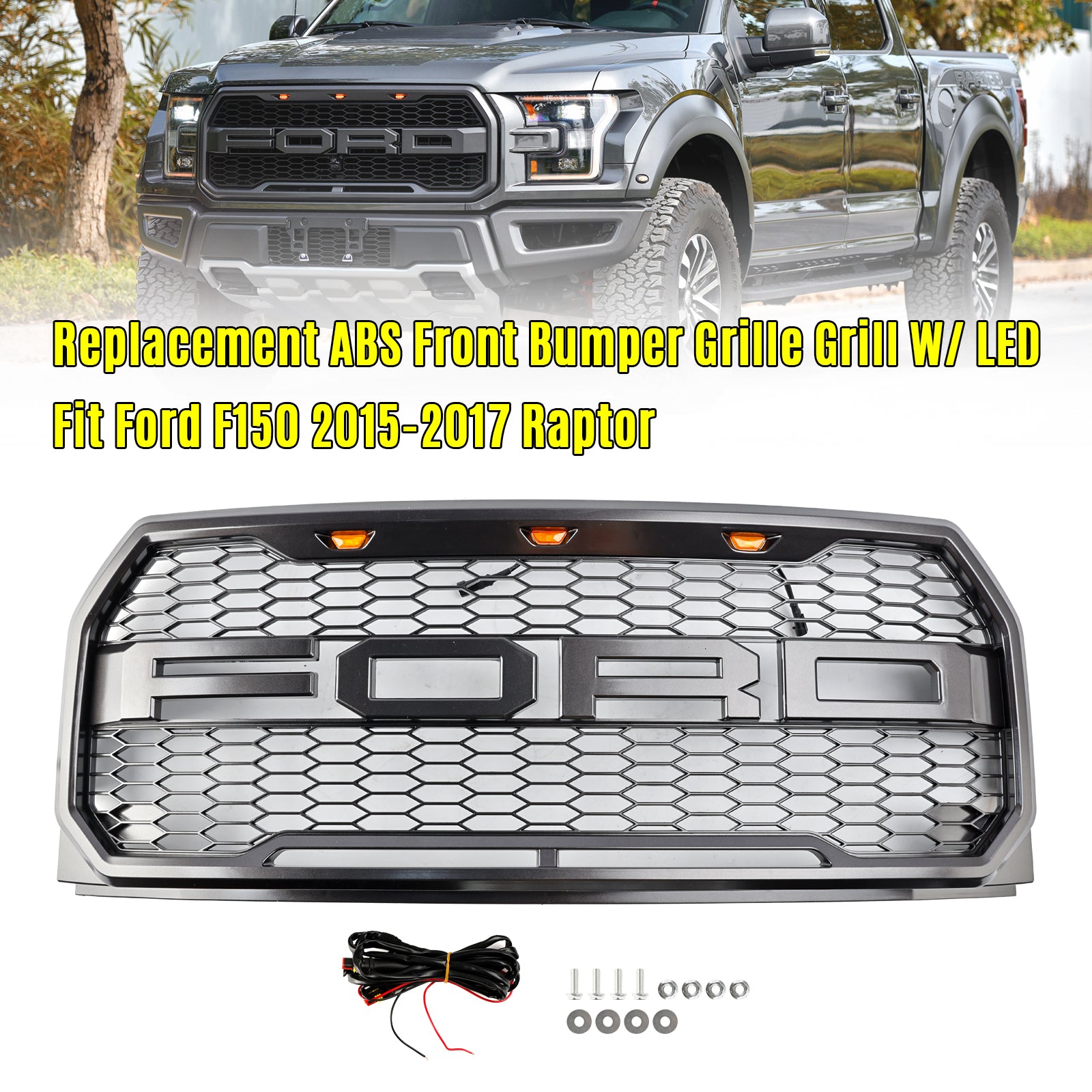 2015-2017 Ford F150 XLT/Lariat/Platinum/FX4 Raptor Style Front Bumper Grill W/ LED Replacement Grey Grille