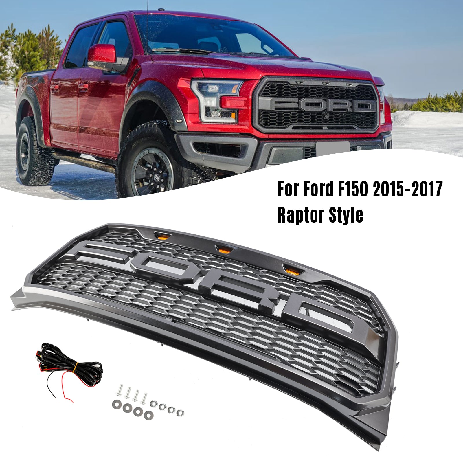 2015-2017 Ford F150 XLT/Lariat/Platinum/FX4 Raptor Style Front Bumper Grill W/ LED Replacement Grey Grille