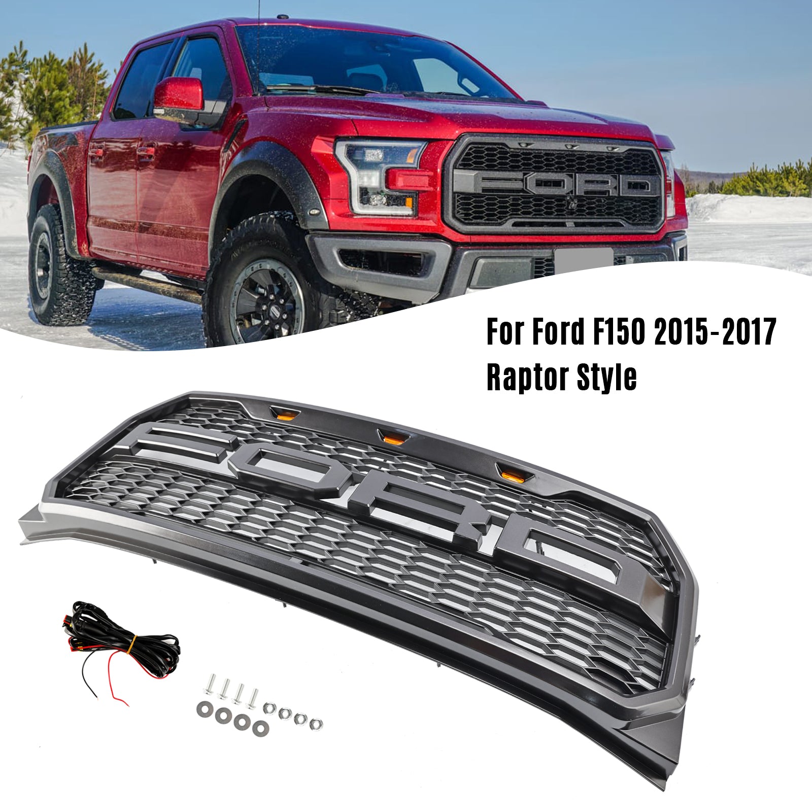 Raptor Grille | 2015-2017 | Ford F150 | Negro/gris | Grill de panal del parachoques delantero con LED