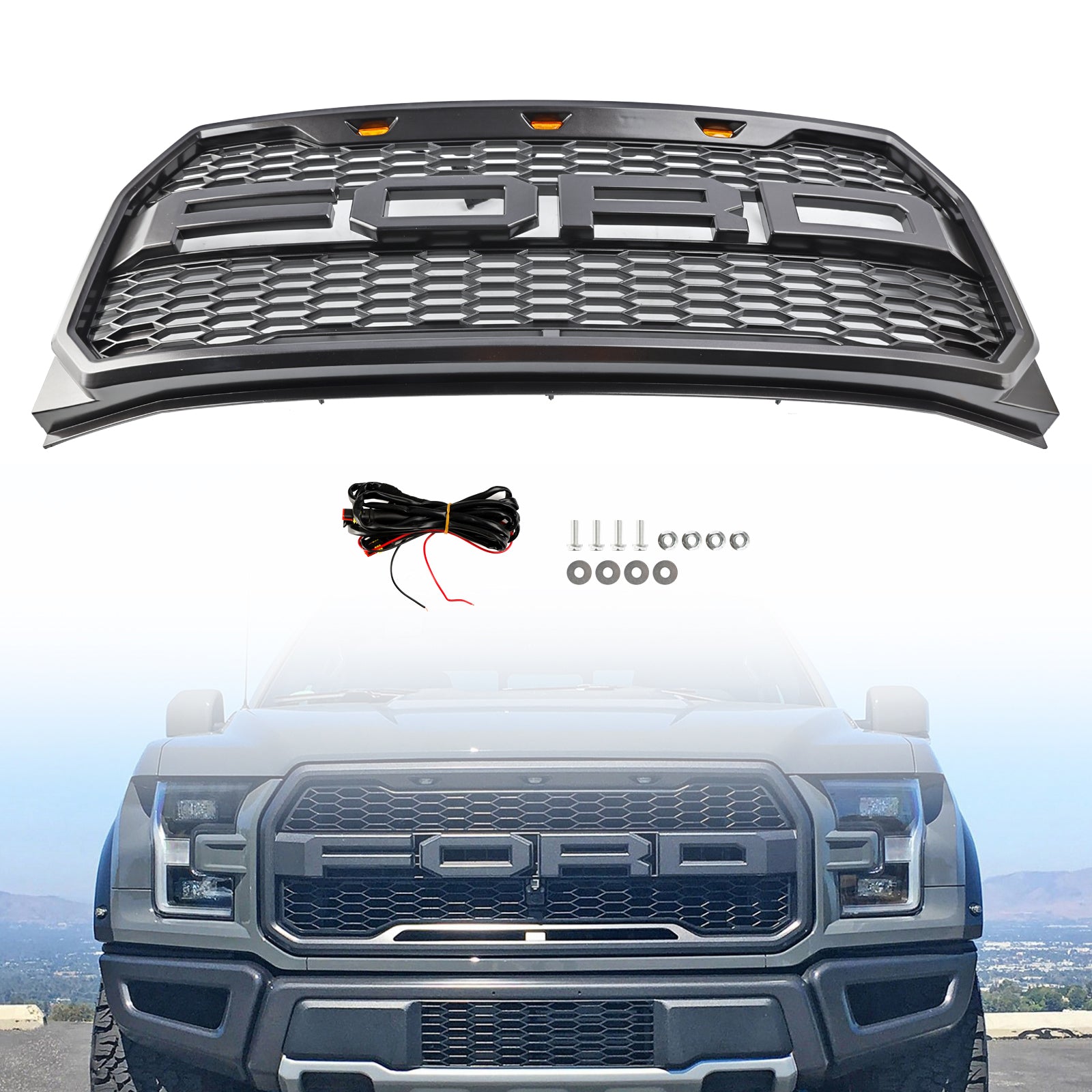 2015-2017 Ford F150 XLT/Lariat/Platinum/FX4 Raptor Style Front Bumper Grill W/ LED Replacement Grey Grille