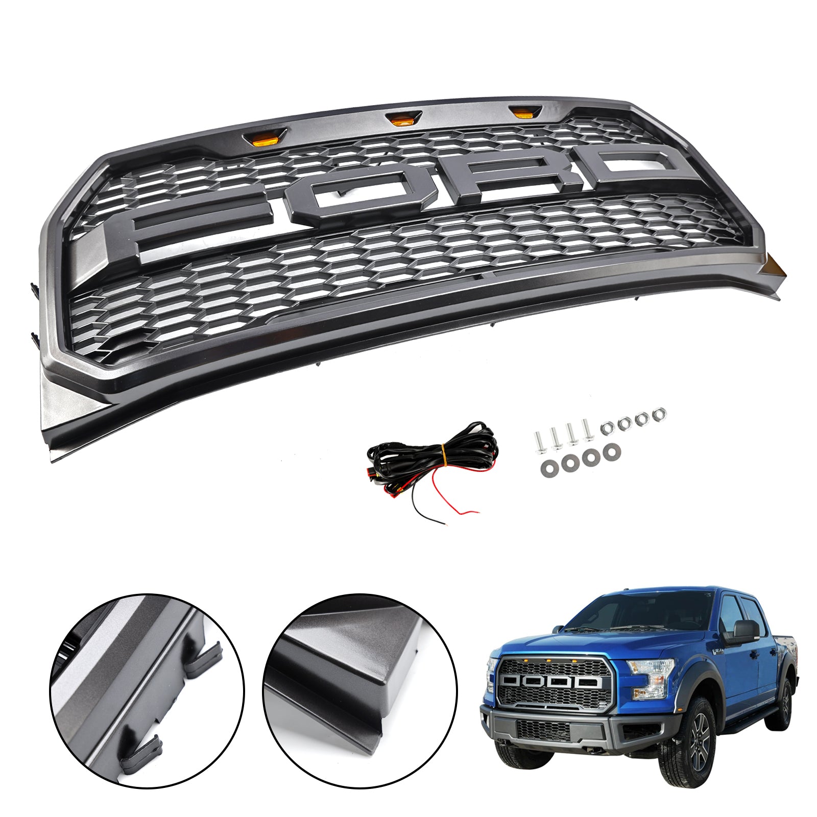 Raptor Grille | 2015-2017 | Ford F150 | Negro/gris | Grill de panal del parachoques delantero con LED