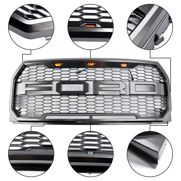 Griglia Raptor | 2015-2017 | Ford F150| Nero/Grigio | Griglia a nido d'ape per paraurti anteriore con LED