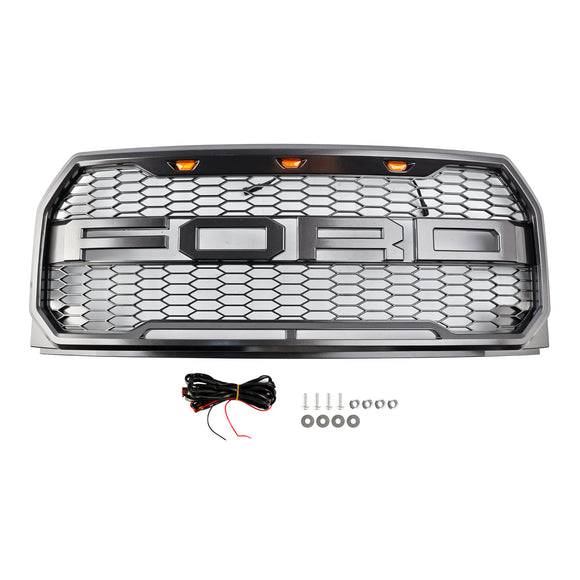 Griglia Raptor | 2015-2017 | Ford F150| Nero/Grigio | Griglia a nido d'ape per paraurti anteriore con LED