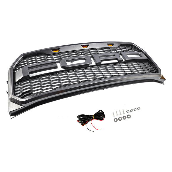 Griglia Raptor | 2015-2017 | Ford F150| Nero/Grigio | Griglia a nido d'ape per paraurti anteriore con LED