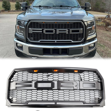 Ford F150 2015-2017 Raptor Style Front Bumper Grill W/ LED Replacement Gray Grille