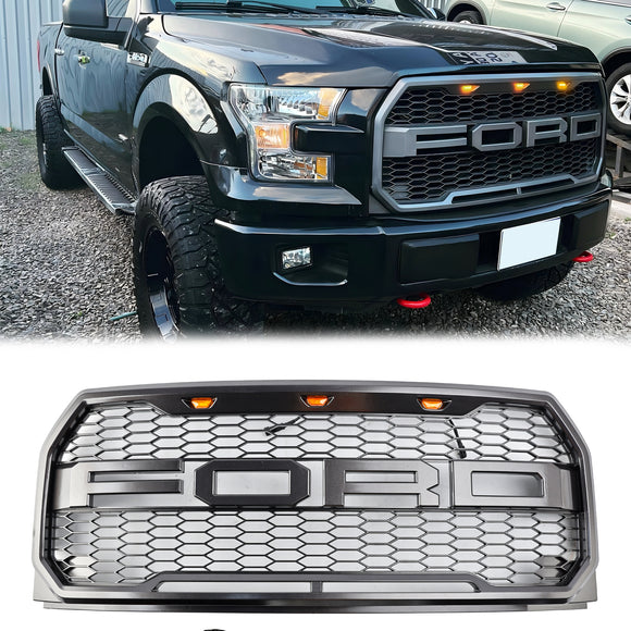 Griglia Raptor | 2015-2017 | Ford F150| Nero/Grigio | Griglia a nido d'ape per paraurti anteriore con LED