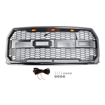 Buy gray Raptor Grille | 2015-2017 | Ford F150 | Black / Gray | Front Bumper Honeycomb Grill With LED + FORD Letter