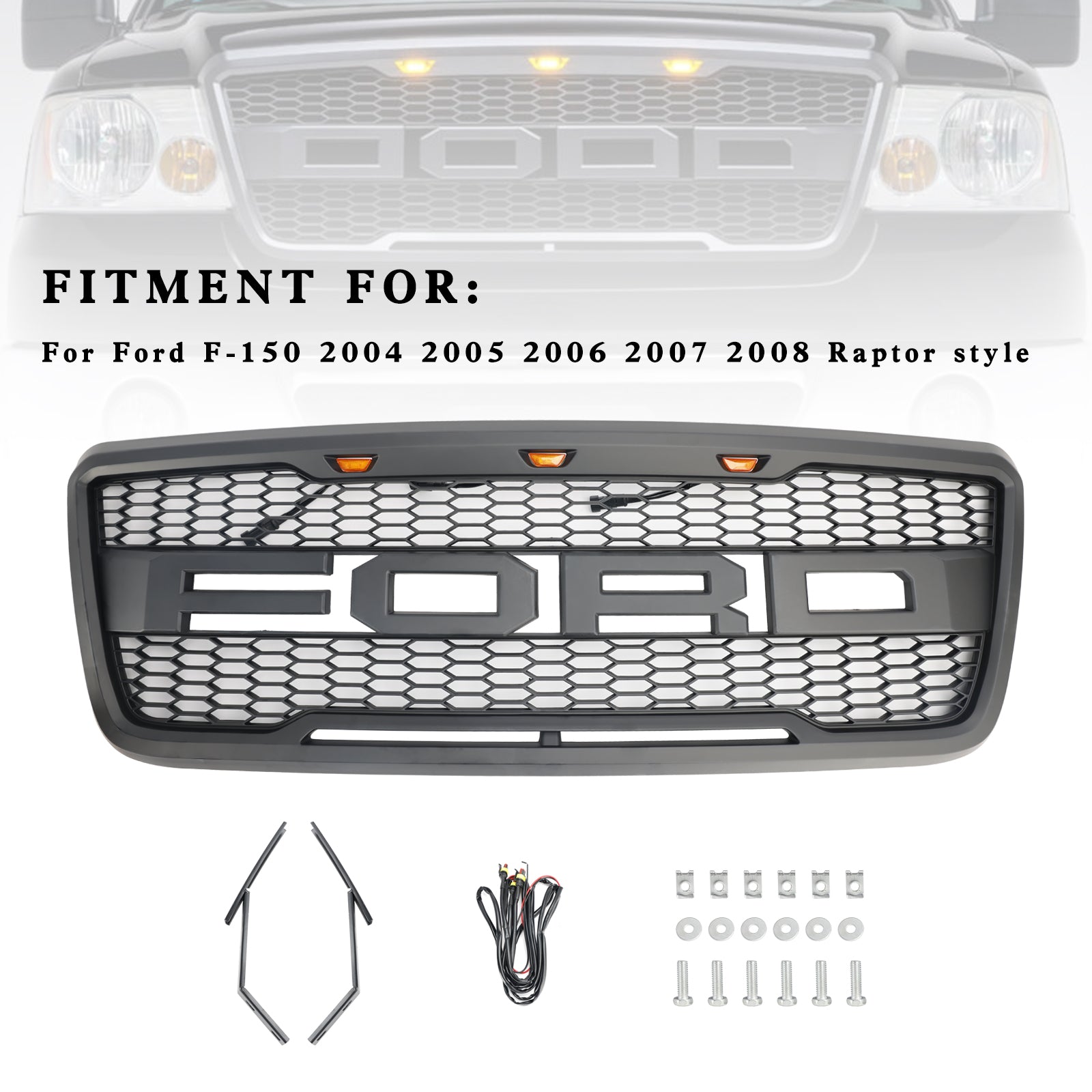 Calandre de capot avant en maille grise et noire de style Raptor avec LED pour Ford F150 XLT/Lariat/FX4/King Ranch 2004-2008