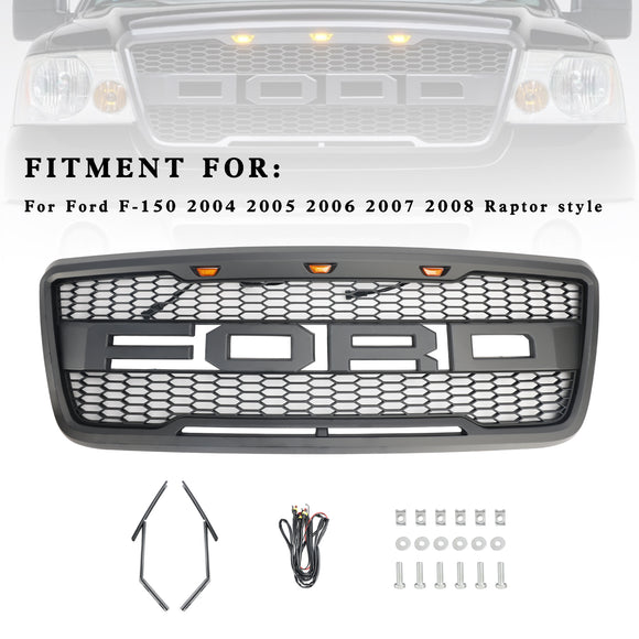 2004-2008 Ford F150 Front Bumper Mesh Hood Grill Raptor Style Gray Grille W/ LED & Letter