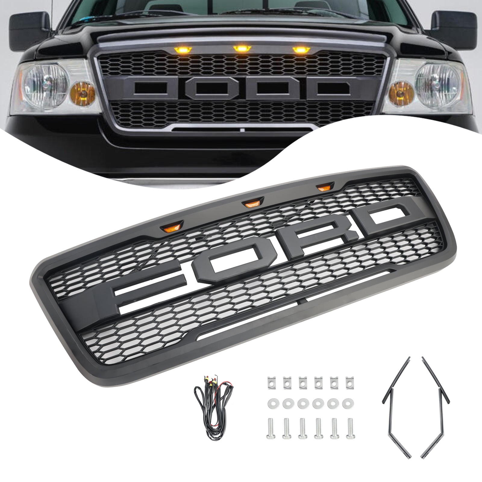 Comprar negro Parrilla delantera estilo Raptor para Ford F150 XLT/Lariat/FX4/King Ranch 2004-2008, color negro y gris, con LED