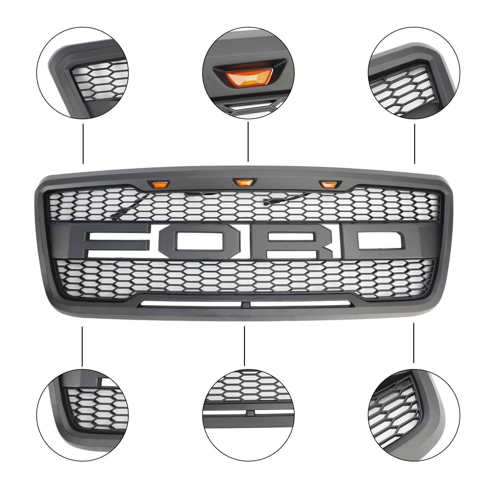 Parrilla delantera de malla estilo Raptor gris y negro con LED para Ford F150 XLT/Lariat/FX4/King Ranch 2004-2008