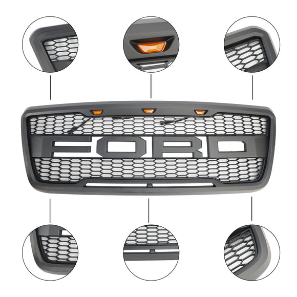 2004-2008 Ford F150 Front Bumper Mesh Hood Grill Raptor Style Gray Grille W/ LED & Letter