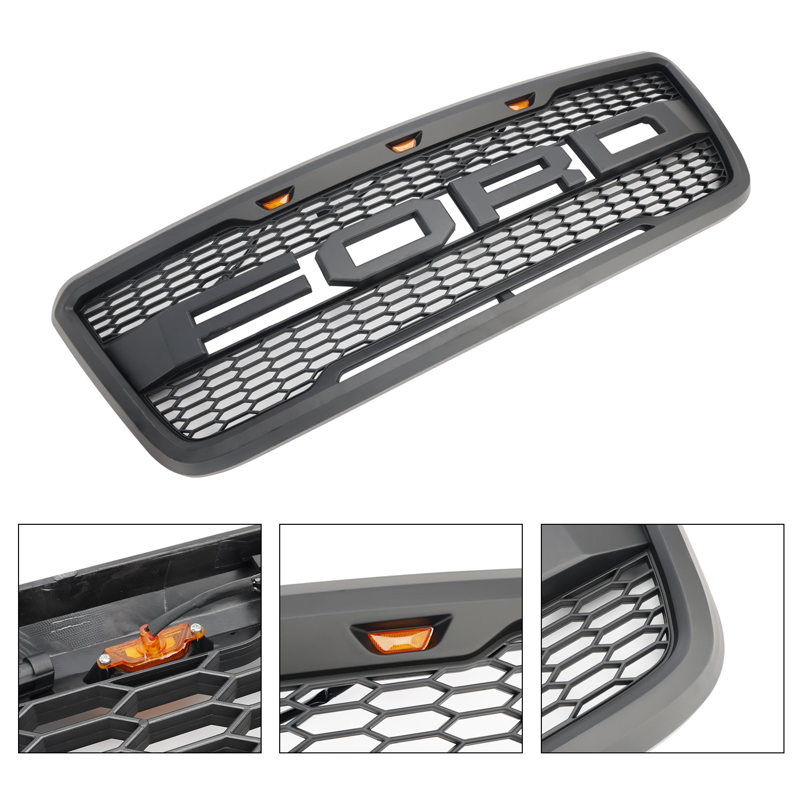 Parrilla delantera de malla estilo Raptor gris y negro con LED para Ford F150 XLT/Lariat/FX4/King Ranch 2004-2008