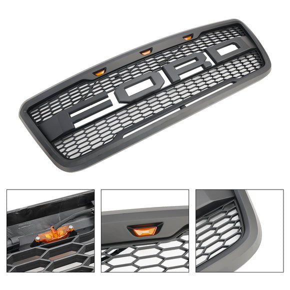 2004-2008 Ford F150 Front Bumper Mesh Hood Grill Raptor Style Gray Grille W/ LED & Letter