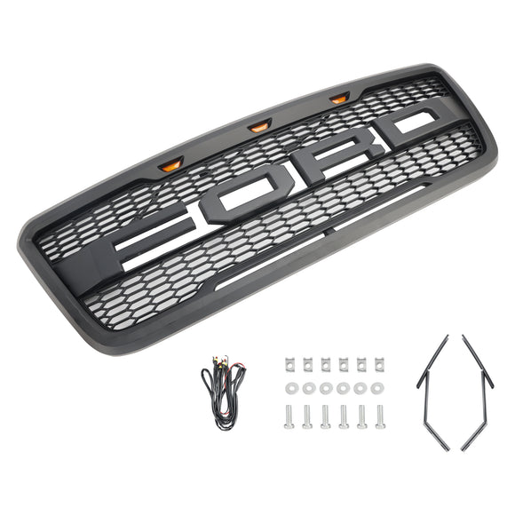 2004-2008 Ford F150 Front Bumper Mesh Hood Grill Raptor Style Gray Grille W/ LED & Letter