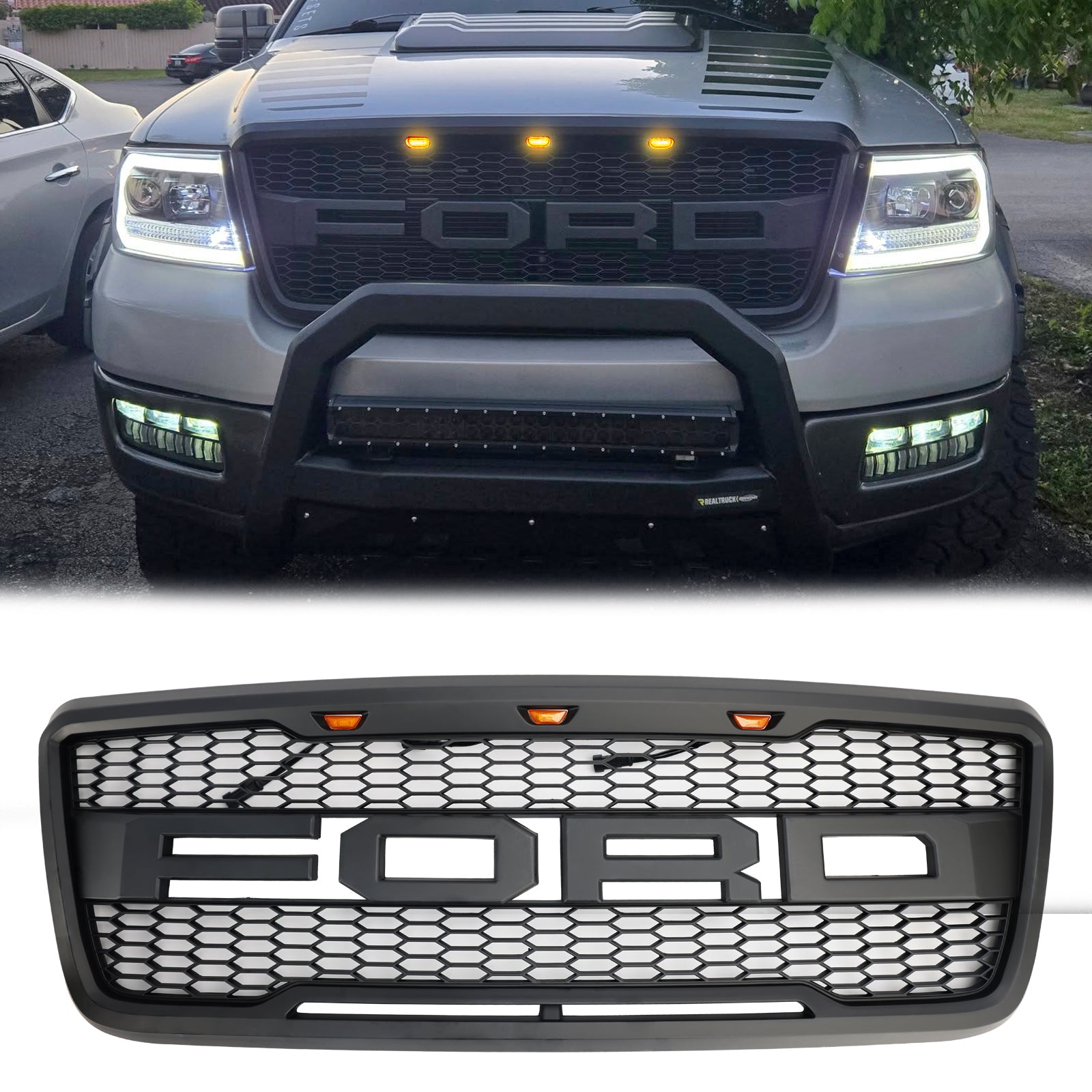 2004-2008 Ford F150 Raptor Front Grill Upper Bumber Honeycomb Black Grille With LED & Letter
