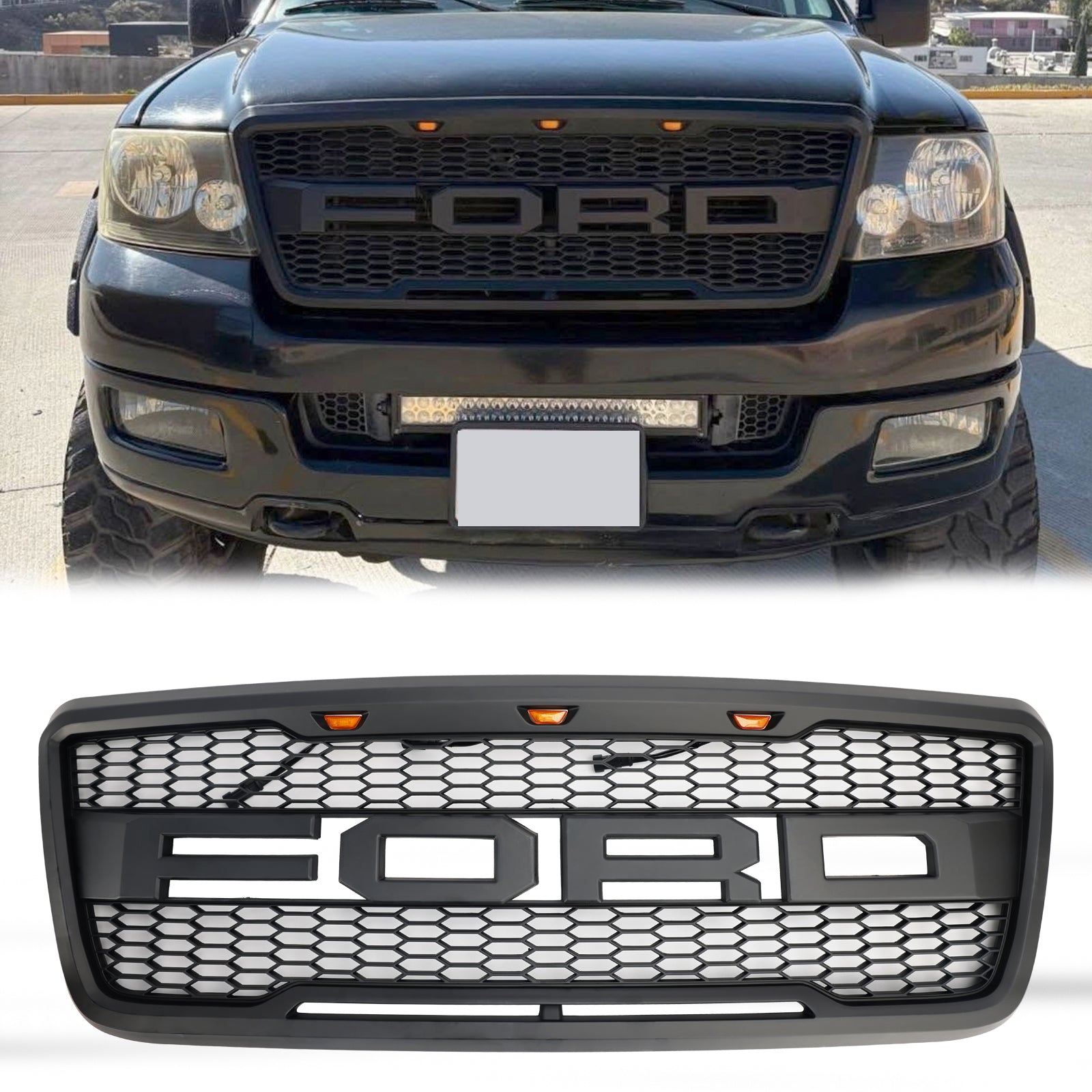Parrilla delantera estilo Raptor para Ford F150 XLT/Lariat/FX4/King Ranch 2004-2008, color negro y gris, con LED