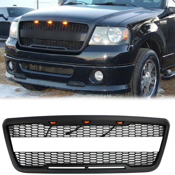 Raptor Style Grille For Ford F150 2004-2008 Front Bumper Black / Gray Grille W/LED & FORD Letter