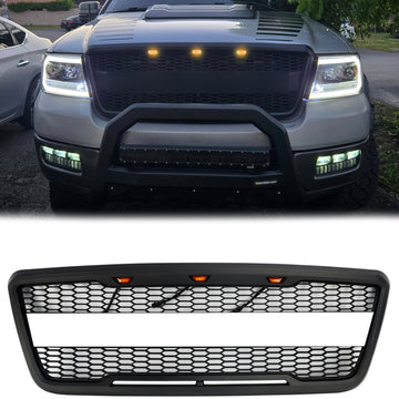 Kühlergrill im Raptor-Stil für Ford F150 2004–2008, Frontstoßstange, schwarz/grauer Kühlergrill mit LED, FORD-Buchstabe