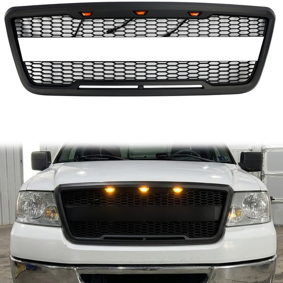 Raptor Style Grille For Ford F150 2004-2008 Front Bumper Black / Gray Grille W/LED & FORD Letter