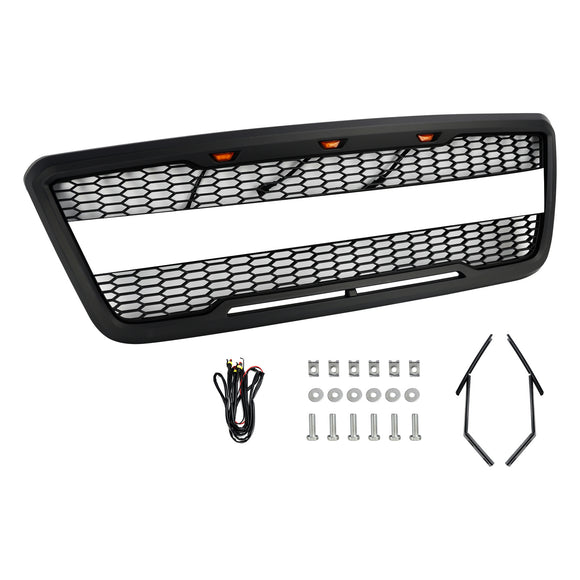 Raptor Style Grille For Ford F150 2004-2008 Front Bumper Black / Gray Grille W/LED & FORD Letter