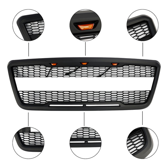 Raptor Style Grille For Ford F150 2004-2008 Front Bumper Black / Gray Grille W/LED & FORD Letter