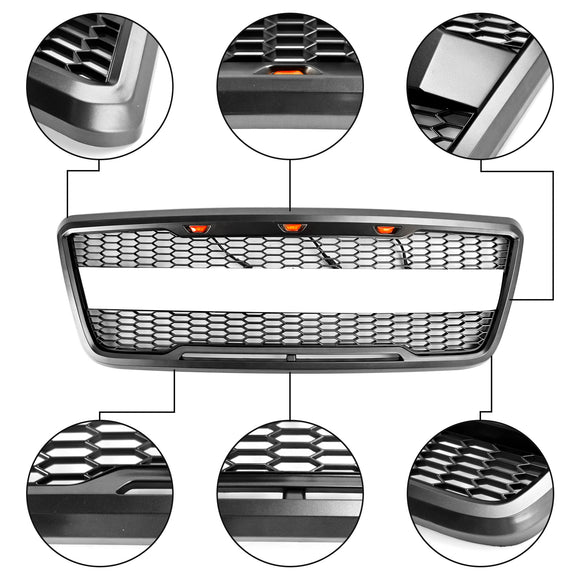 Ford F150 2004 2005 2006 2007 2008 Raptor Style Front Grill Mesh Hood Gray Black Grille With LED Light + FORD Letter