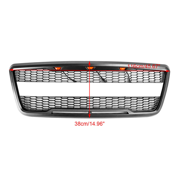 Ford F150 2004 2005 2006 2007 2008 Raptor Style Front Grill Mesh Hood Gray Black Grille With LED Light + FORD Letter