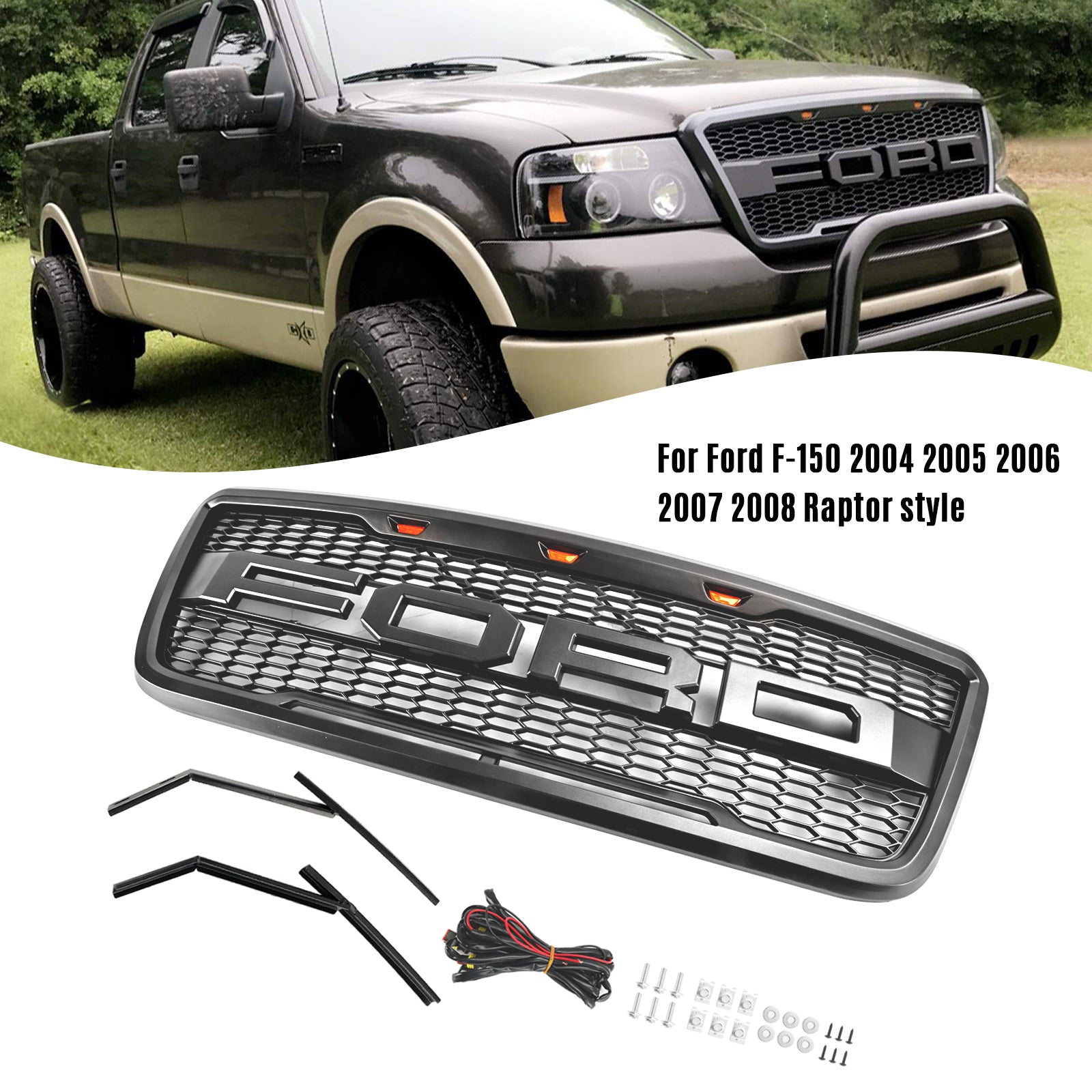 Grille de pare-chocs avant style Raptor F150 Ford XLT/Lariat/FX4/King Ranch 2004-2008 Grille noire/grise avec LED