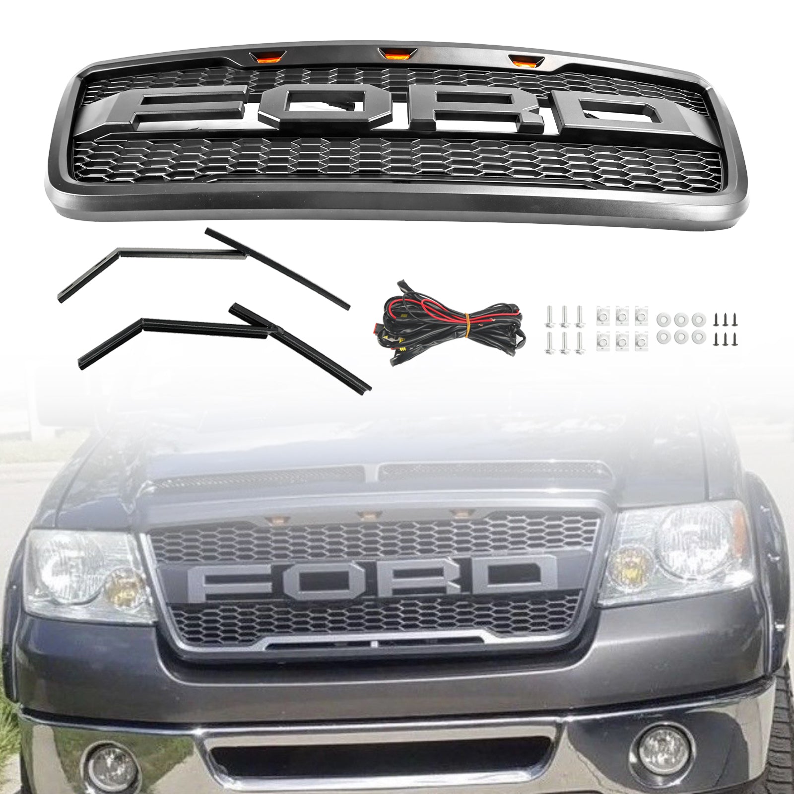 Grille de pare-chocs avant style Raptor F150 Ford XLT/Lariat/FX4/King Ranch 2004-2008 Grille noire/grise avec LED