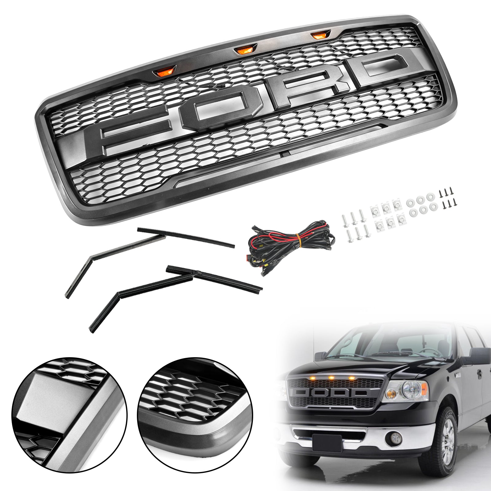 F150 Ford XLT/Lariat/FX4/King Ranch 2004-2008 Raptor Style Front Bumper Grill Black/Gray Grille W/LED