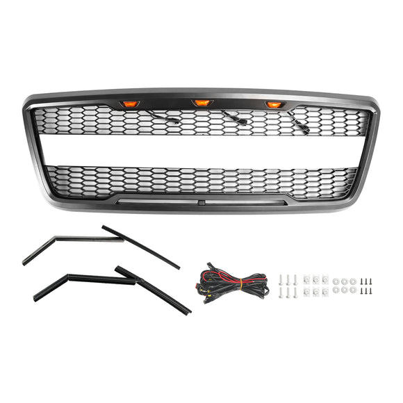 Ford F150 2004 2005 2006 2007 2008 Raptor Style Front Grill Mesh Hood Gray Black Grille With LED Light + FORD Letter