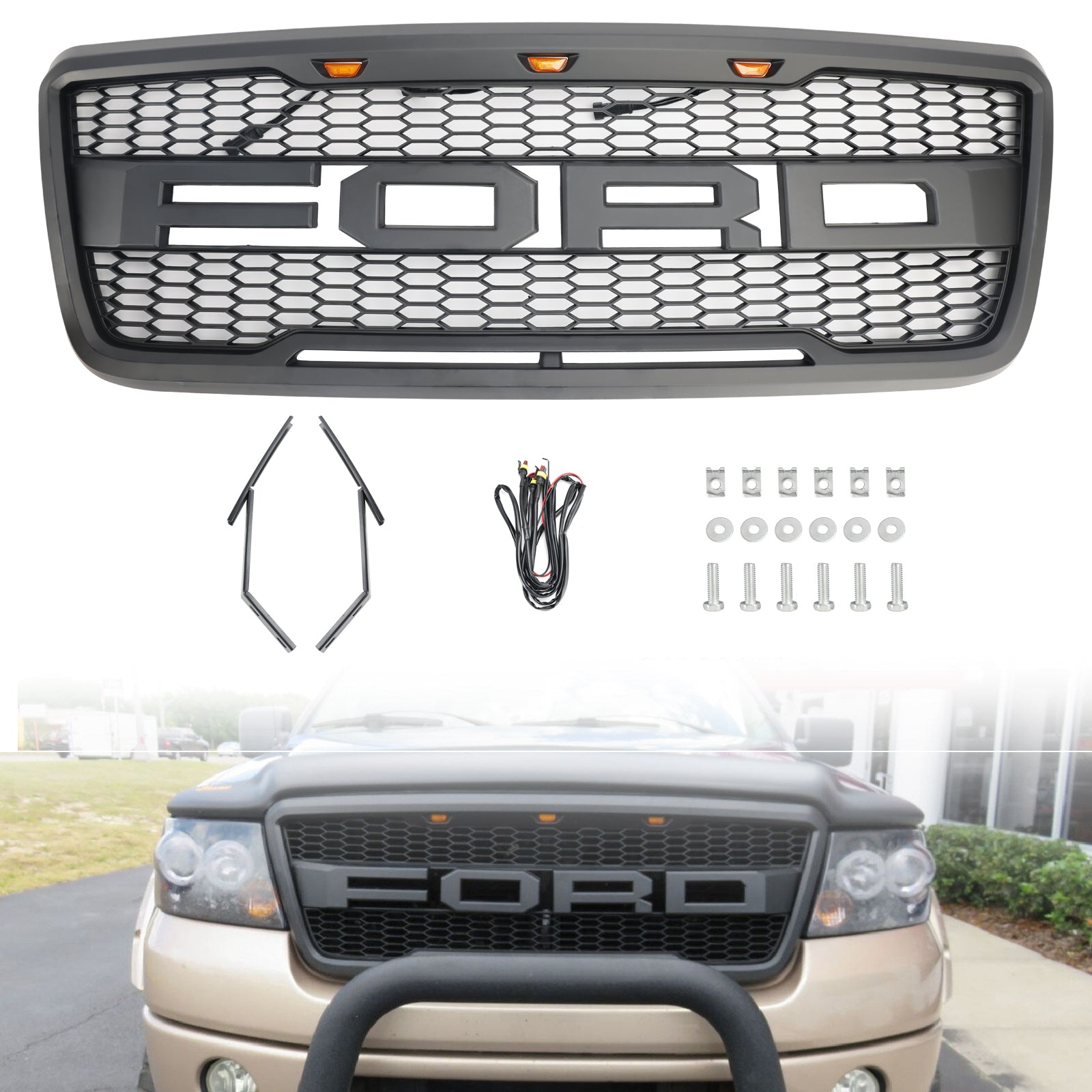 Calandre de capot avant en maille grise et noire de style Raptor avec LED pour Ford F150 XLT/Lariat/FX4/King Ranch 2004-2008