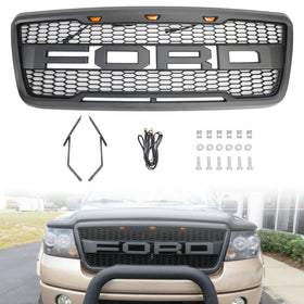 2004-2008 Ford F150 Front Bumper Mesh Hood Grill Raptor Style Gray Grille W/ LED & Letter