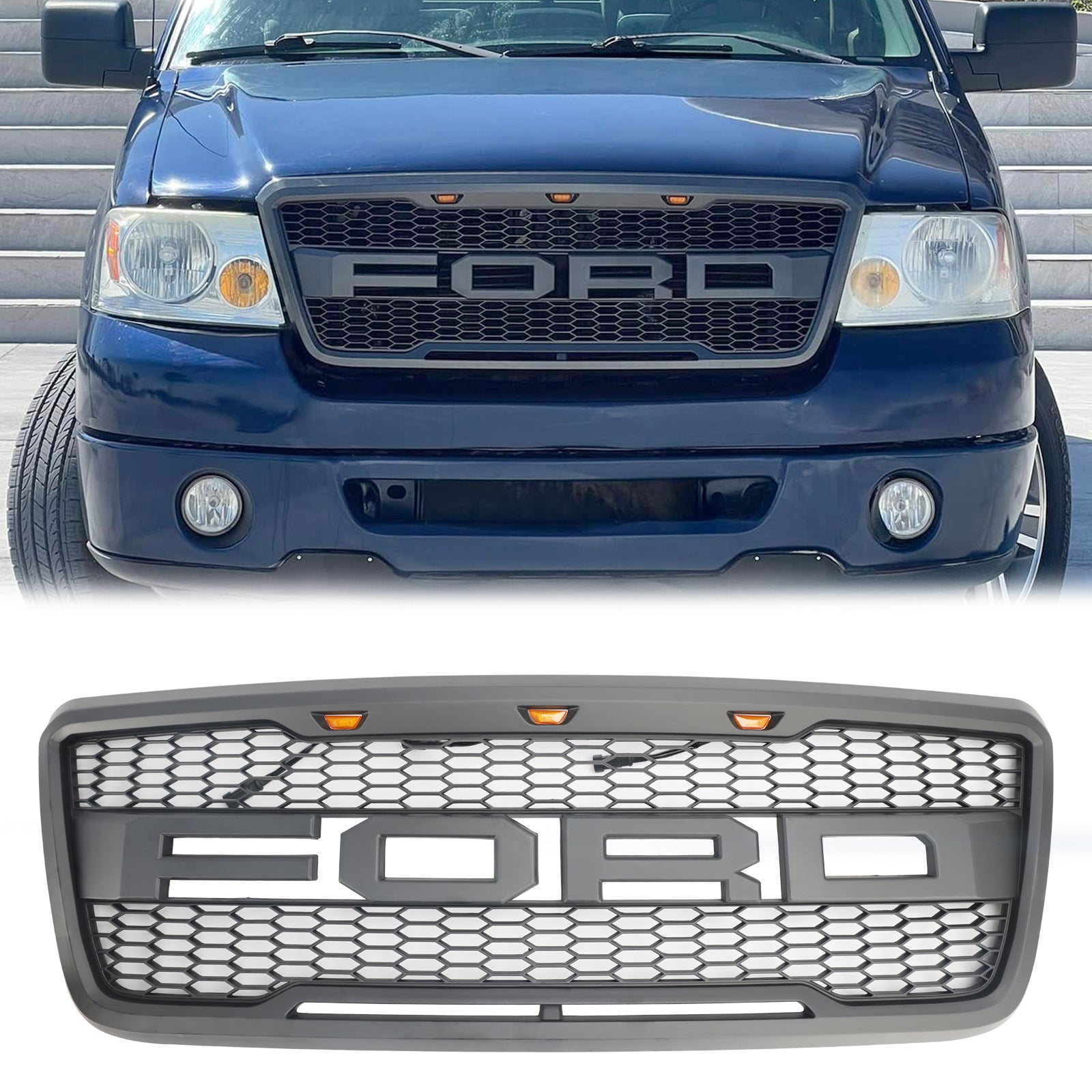 Ford F150 2004 2005 2006 2007 2008 Raptor Style Front Grill Mesh Hood Gray Black Grille With LED Light
