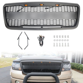 2004-2008 Ford F150 Front Bumper Mesh Hood Grill Raptor Style Gray Grille W/ LED & FORD Letter